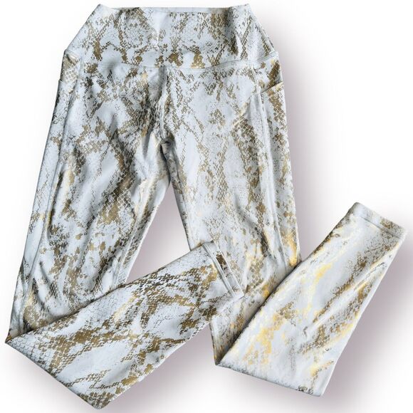 Curves N Combatboots Pants - Curves N Combatboots Small White Metallic Gold Snake Reptile Print Leggings Gym